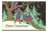 Merry Christmas, Elves Decorating Forest Tree