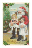 Christmas Greetings, Santa and Two Girls