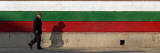Elderly Man Passes a National Flag Painted on Front of a Polling Station in Bulgarian Capital Sofia