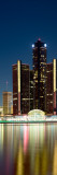 Skyscrapers Lit Up at Dusk, Renaissance Center, Detroit River, Detroit, Michigan, USA