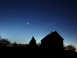 Buy Crescent Moon, and the Planets Venus and Jupiter In a Rare Alignment, Shine Above a Farmhouse at AllPosters.com