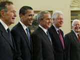 George W. Bush with Barack Obama and Former Presidents Bush, Clinton and Carter in Oval Office Photographic Print
