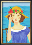 Girl with a Straw Hat Who Stands by the Sea Framed Art Print