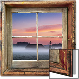 Farmyard Sunrise Viewed Through Old Window Frame