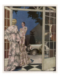 Elegant Women in Party Dresses by Louise Boulanger, with a Car by Delage Parked Outside