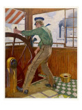 Samuel Clemens ('Mark Twain') Takes the Wheel in the Cabin of a Mississipi River Steamer