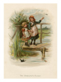 Two Little Girls Cross a River by Means of a Rustic Bridge; Swallows Fly around Them