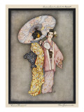 Two Japanese Geisha Girls, One Holding a Parasol