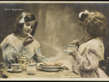 Le Petit Dejeuner Two Little French Girls Start the Day with Coffee and Toast