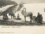 A Number of Horse-Drawn Russian Sleds Navigate a Snowy Lane in Winter