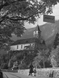 Old Village Church Set High on Hill Top with Steps Leading Up to Door-Great Mountins in Background