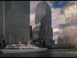 Yacht Parked in the North Cove Yacht Harbor with Some of Modernistic Battery Park City Behind