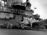 Crew Members on Deck of American Aircraft Carrier, Watching Take-Off of a F6F Hellcat