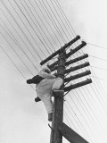 Buy Man Working to Restore the Communication Lines after a Bombing Raid at AllPosters.com