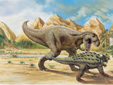 Tyrannosaurus Rex and Euoplocephalus Dinosaurs Walking on a Landscape