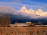 View of Historic Old Barn and Snow-Covered Teton Mountain Range