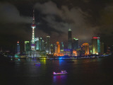 China, Shanghai, Night View of High Rises and Oriental Pearl TV Tower by Huangpu River