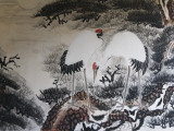 China, Chinese Brush Painting of Red-Crowned Cranes