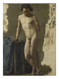 Academy of Man Standing in Front, Resting on a Stool