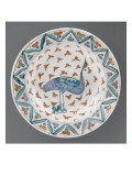 Dish with Large Blue Bird on Seedlings of Red Leaves