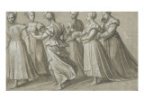 Six Women Walking Towards the Left, Two Holding a Fan