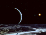 Buy A Lone Explorer Follows an Ancient Riverbed While His Planet Floats in the Black Star-Filled Sky at AllPosters.com