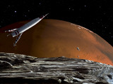 A Spaceship in Orbit over Mars Moon, Phobos, with the Red Planet Mars in the Background