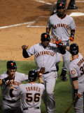 Texas Rangers v. San Francisco Giants, Game 5:  Cody Ross, Juan Uribe, Edgar Rentaria, Aaron Rowand