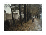 A Woman in a Traditional Bonnet and Wicker Dosser Walks Down a Path
