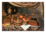 Buy A Guitar, a Cello, Lutes, a Musical Score and Other Books and an Armillary Globe on a Draped Table, at AllPosters.com