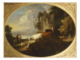 Buy A River Landscape with Rustic Lovers, a Mounted Herdsman Driving Cattle and Sheep over a Bridge at AllPosters.com