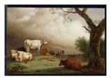 Buy Cattle in a Field, with Travellers in a Wagon on a Track Beyond and a Church Tower in the Distance at AllPosters.com