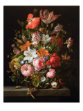 Still Life of Roses, Lilies, Tulips and Other Flowers in a Glass Vase with a Brindled Beauty