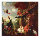 A Peacock, Peahen and Other Exotic Birds and Poultry on a Terrace