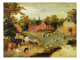 Buy A Village with Gentlemen Arriving on Horseback, Peasants in a Covered Wagon at AllPosters.com