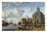 A Capriccio Mediterranean Harbour with a Galley at Anchor
