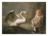 A Swan Guarding its Nest from a Child and a Spaniel