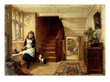 An Interior with a Girl Playing with Cats
