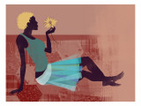 Buy Woman Holding Yellow Flower Lying on Quilt at AllPosters.com