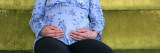 Mid Section View of a Pregnant Woman Touching Her Abdomen, USA