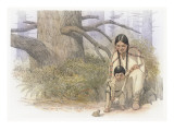Sacagawea and Her Son are Kneeling Down, Looking at a Large Frog or Toad