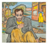 A Man Sitting on the Side Walk with a Tear Coming Down His Face, as He Eats Two Graham Crackers