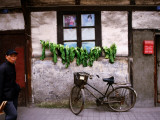 Bicycle Parked Outside House with Greens Hanging on Line, Old Quarter