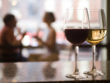 Buy Glasses of Red and White Wine, with Customers at Bench Talking - Bertucci's Restaurant at AllPosters.com