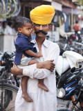 Buy Rajasthani Man and His Son Waiting for Chai Near Local Motorcycle Shop at AllPosters.com