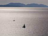 Yachts in Gleaming Sea from Hill Above Zavala