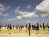 Red and Blue Beach Umbrellas on Deauville Beach Photographic Print