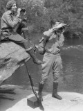 Couple Upland Hunt Near Streamside, With Field Glasses and Gun Photographic Print
