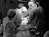 Surgical Team Performing Operation, Large Tray of Instruments in Foreground