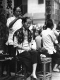 Woman Having Her Hair Done By Female Hairdresser in Sidewalk Beauty Parlour, Hong Kong